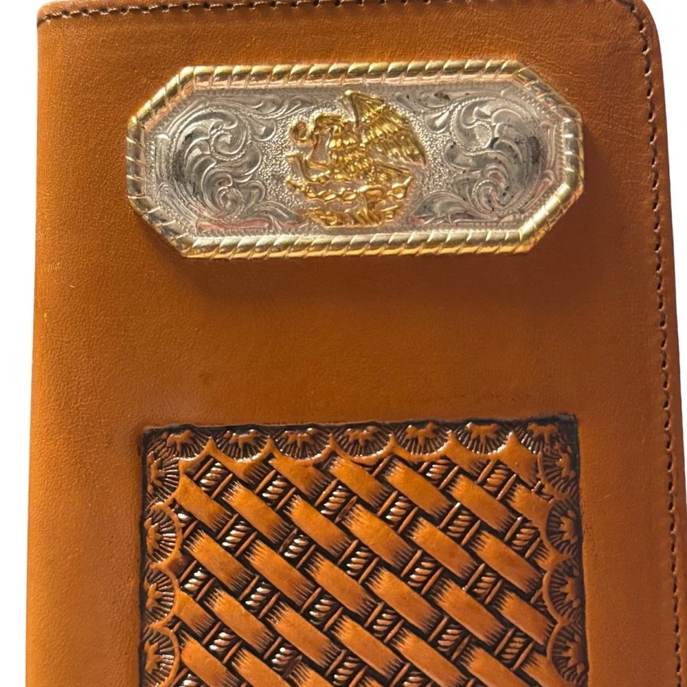 Nocona Mens Tan Leather Western Long Wallet Mexican Eagle Basketweave Bifold